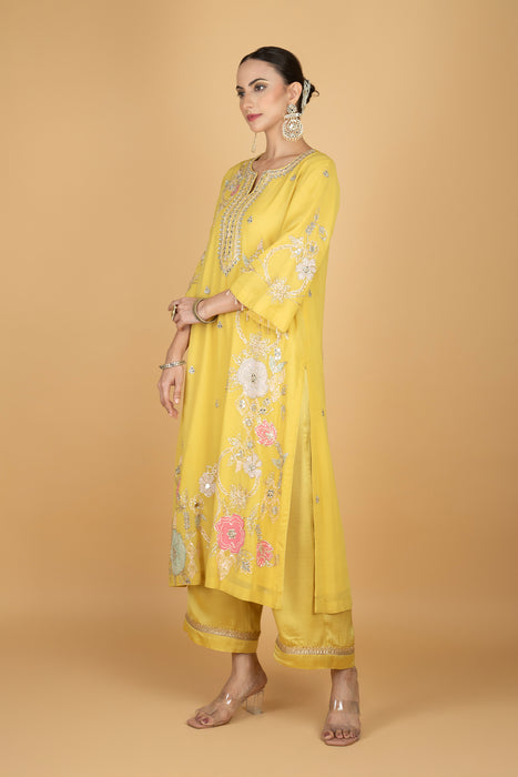 Lime Yellow  Embroidered Kurta W/Pant & Dupatta