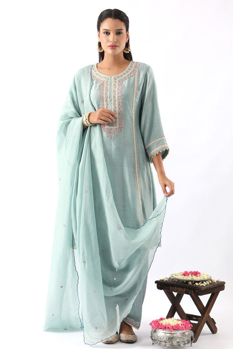 Ice Blue Embroidered A-Line Kurta & Salwar Set