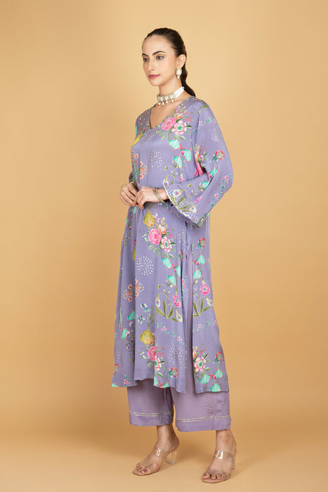 Purple Floral Printed Sequin Embroidery Kurta with Pant & Dupatta Set