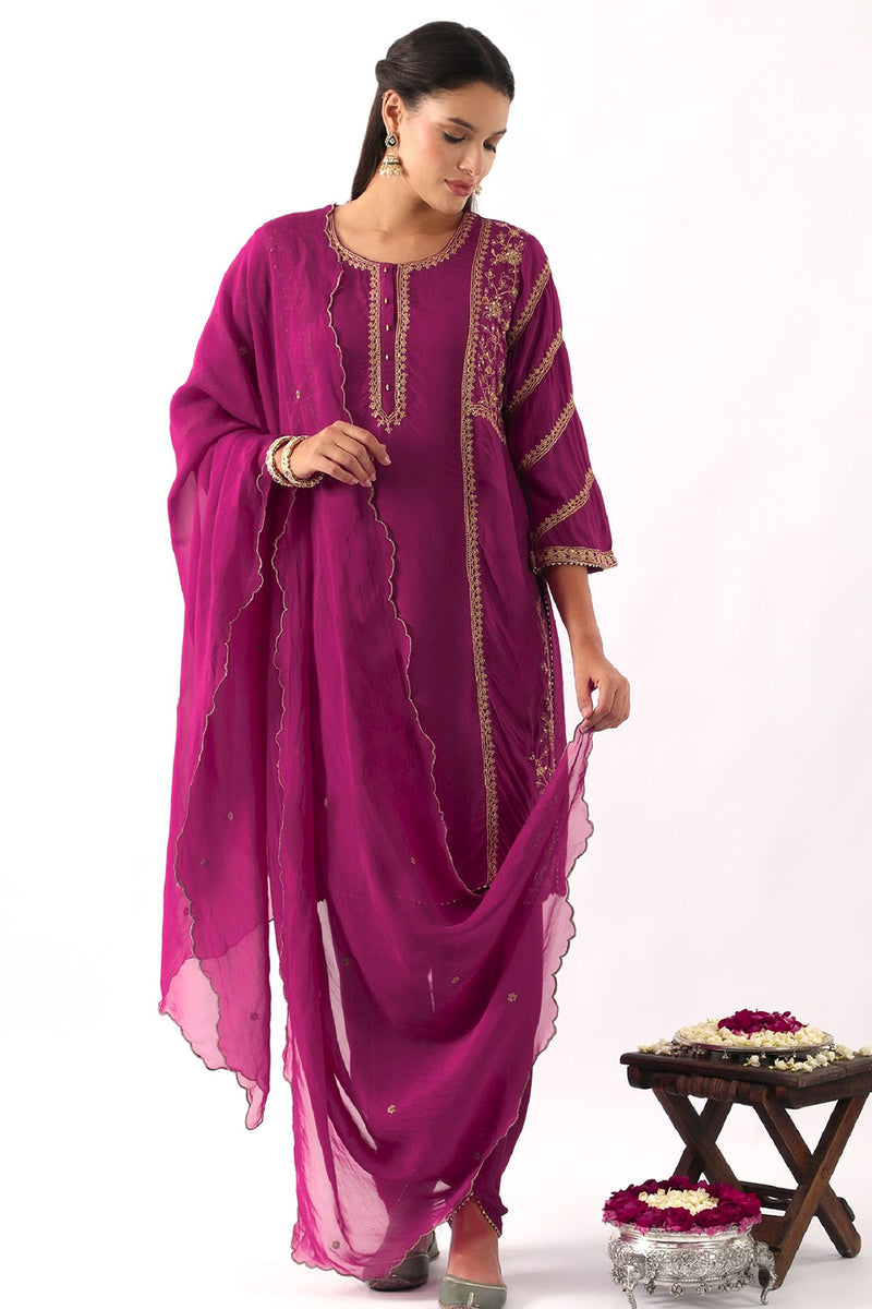 Magenta Pink Dori Embroidered Kurta & Dhoti Set