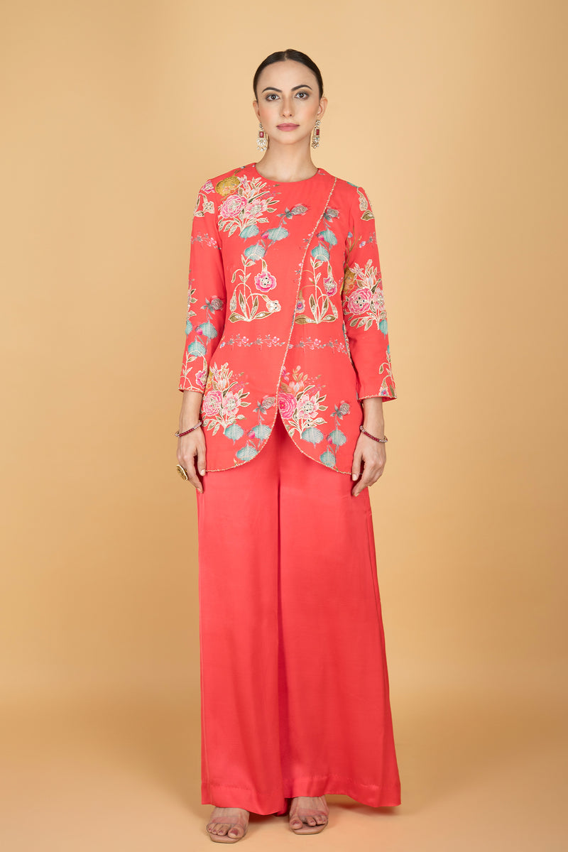 Coral Pink Floral Print Embroidered Overlay Top  W/Pants
