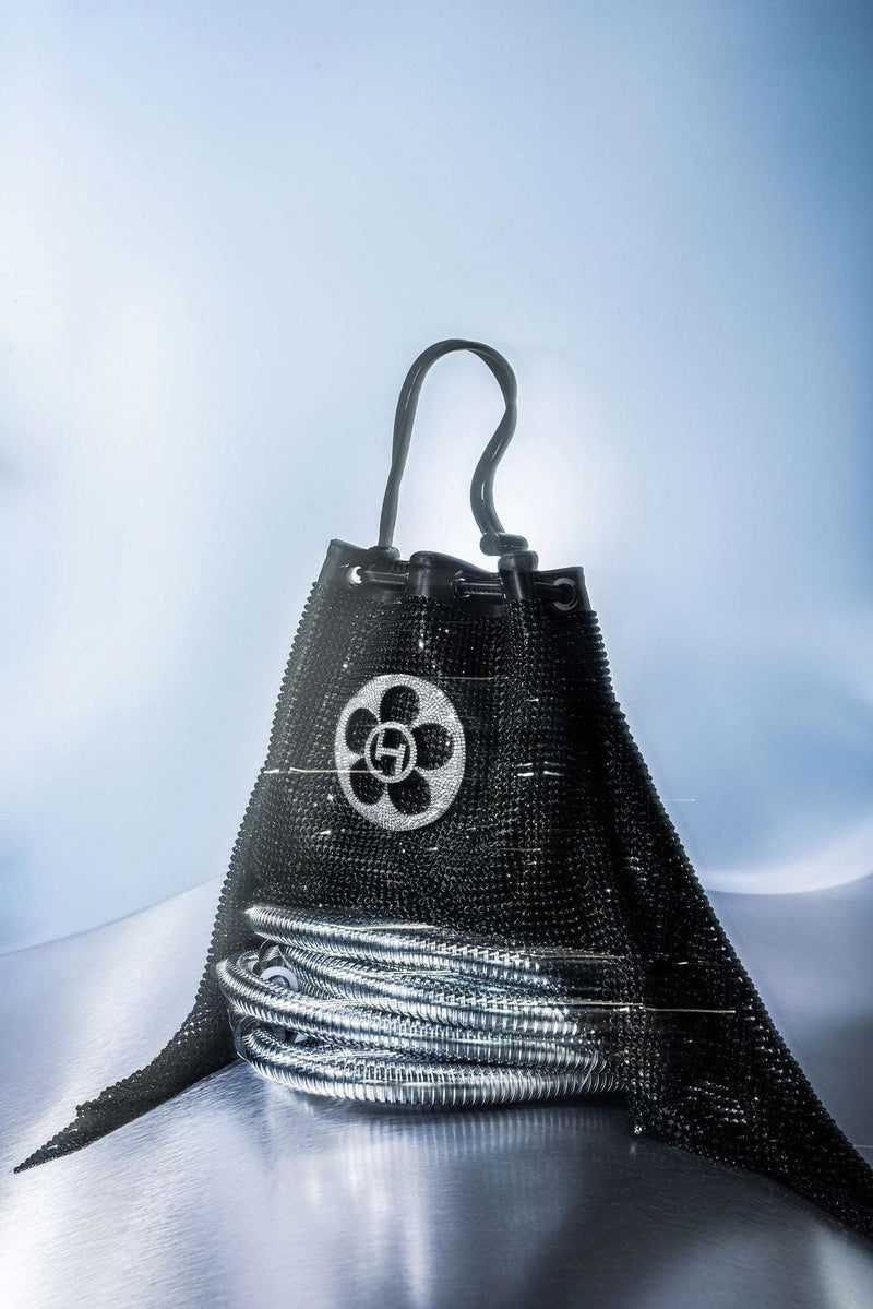 The Crystal Poppi Bucket Bag In Midnight Black
