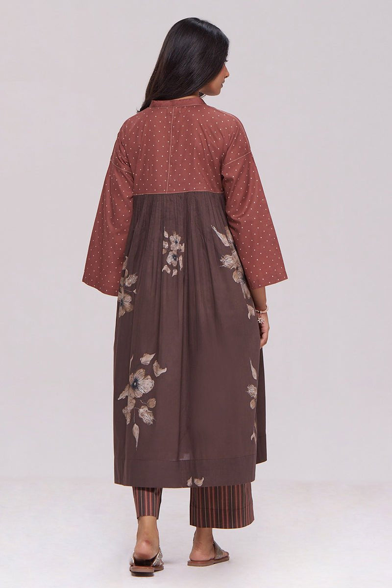 Rust and Warm Cocoa Floral Kurta With Stripe Bottom Set