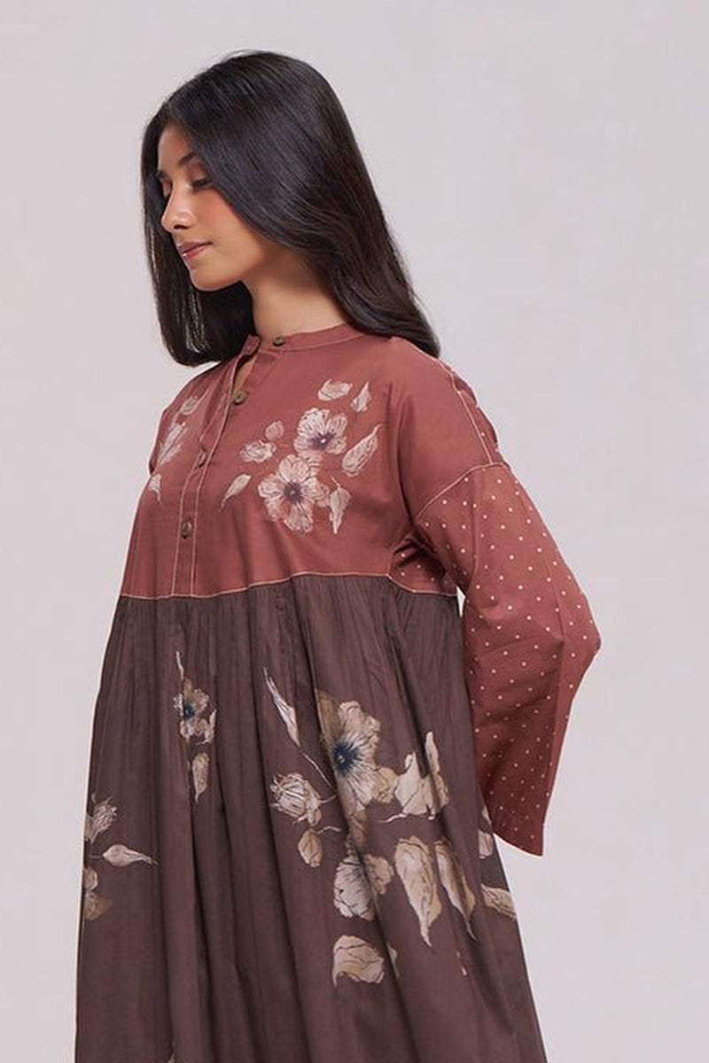 Rust and Warm Cocoa Floral Kurta With Stripe Bottom Set
