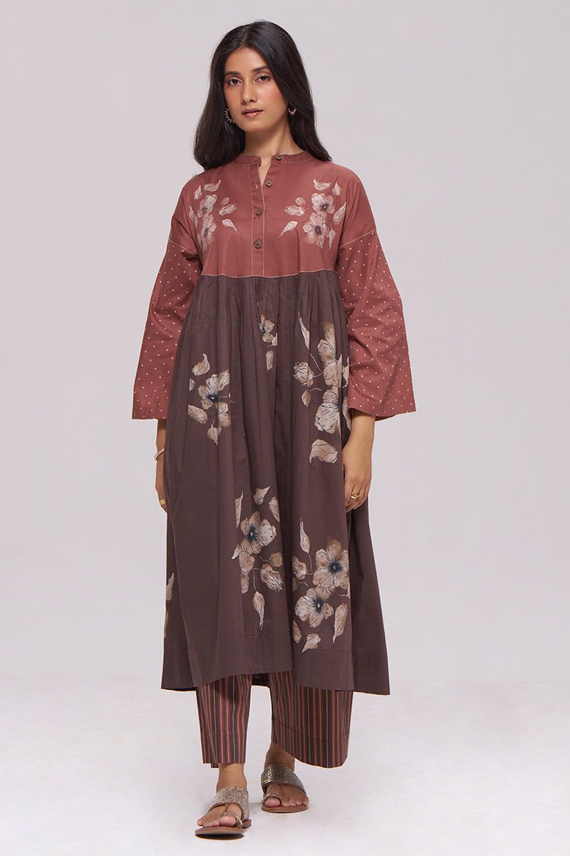 Rust and Warm Cocoa Floral Kurta With Stripe Bottom Set