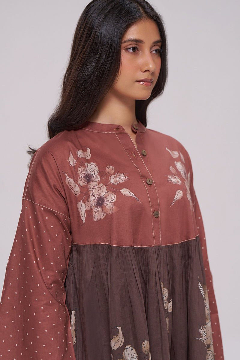 Rust and Warm Cocoa Floral Kurta With Stripe Bottom Set