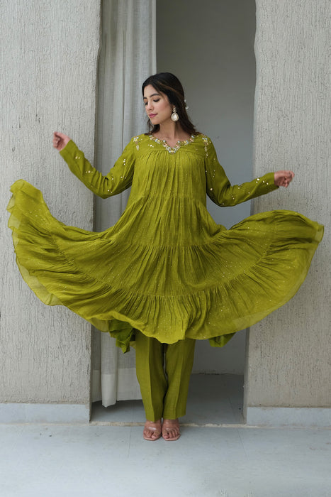 Green Mukaish Kalidar Set