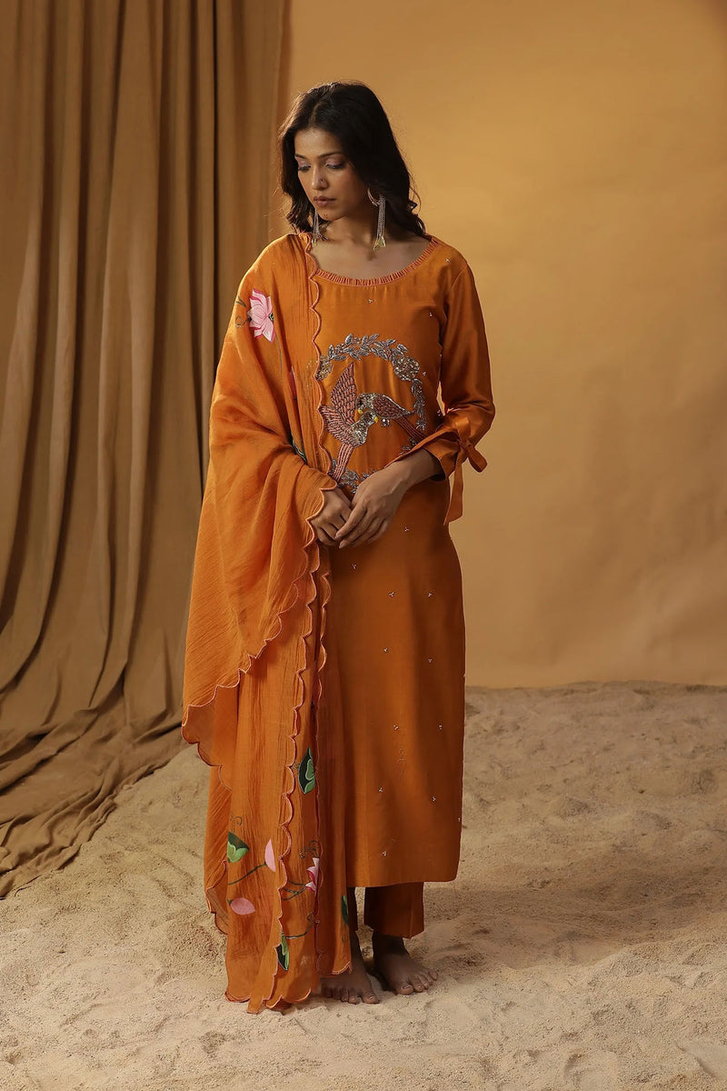 Brunt Orange Bird Embroidered Suit Set