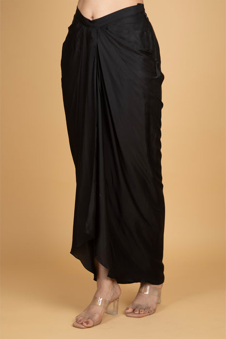 Black Printed Embroidered High Low Top W/Drape Skirt