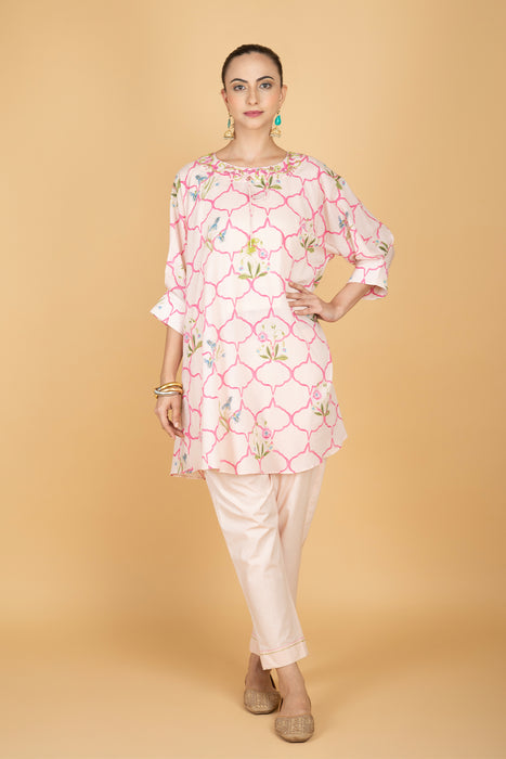 Nude Pink Embroidered Floral Print Short Kurta with Solid Pants