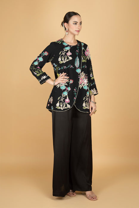 Black Floral Print Embroidered Overlay Top With Pants