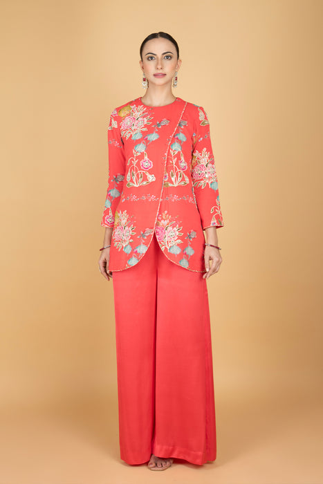 Coral Pink Floral Print Embroidered Overlay Top  W/Pants