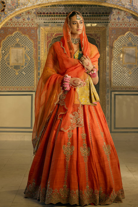 Naazila - Dabka Zardozi Embroidered Raw Silk Burnt Orange Lehenga Set