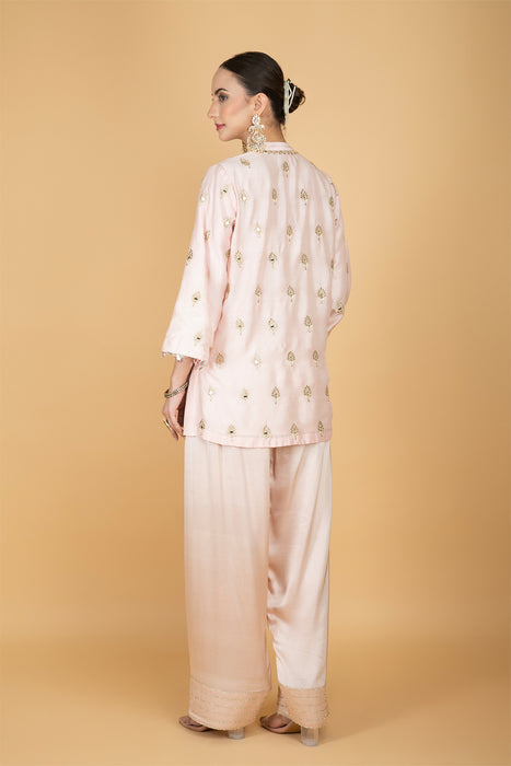 Nude Pink Mirror Butti Embroidered Short Kurta with Farsi Salwar & Printed Dupatta