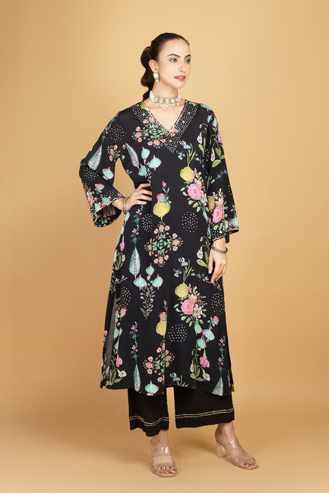 Black Floral Printed Sequin Embroidery Kurta with Pant & Dupatta Set