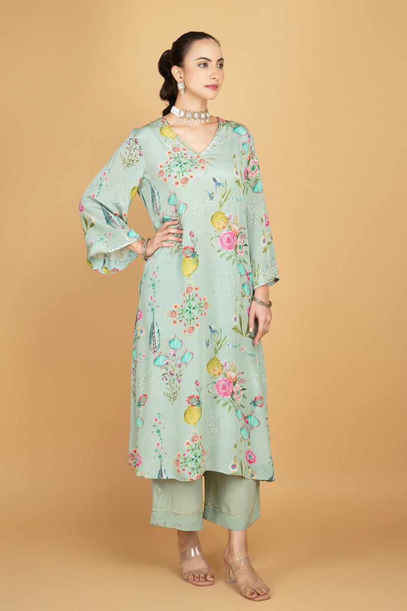 Green Floral Printed Sequin Embroidery Kurta with Pant & Dupatta Set