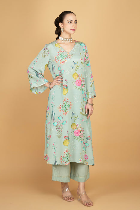 Green Floral Printed Sequin Embroidery Kurta with Pant & Dupatta Set
