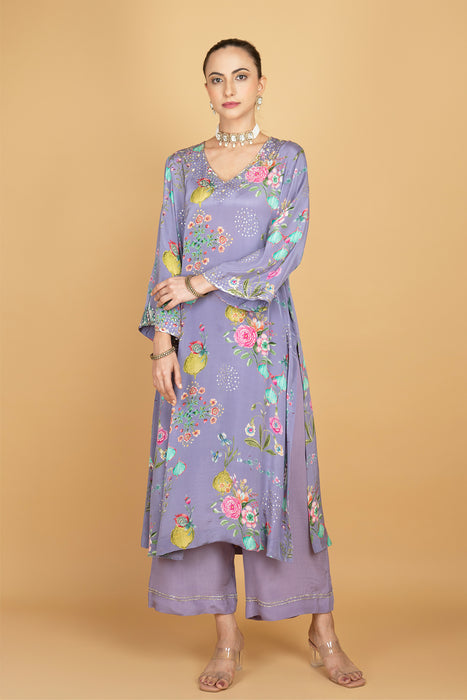 Purple Floral Printed Sequin Embroidery Kurta with Pant & Dupatta Set