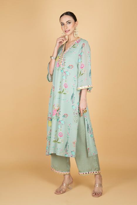 Green Floral Print Mirror Embroiderd Kurta With Pants & Dupatta