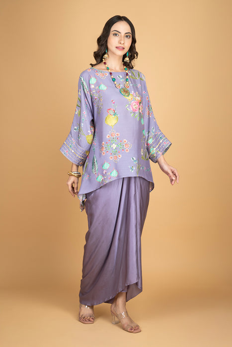 Purple Printed Embroidered High Low Top W/Drape Skirt