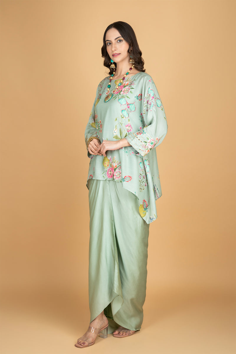 Green Printed Embroidered High Low Top W/Drape Skirt