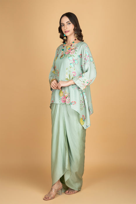 Green Printed Embroidered High Low Top W/Drape Skirt