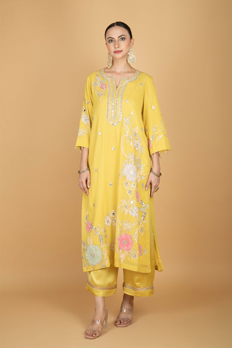 Lime Yellow  Embroidered Kurta W/Pant & Dupatta