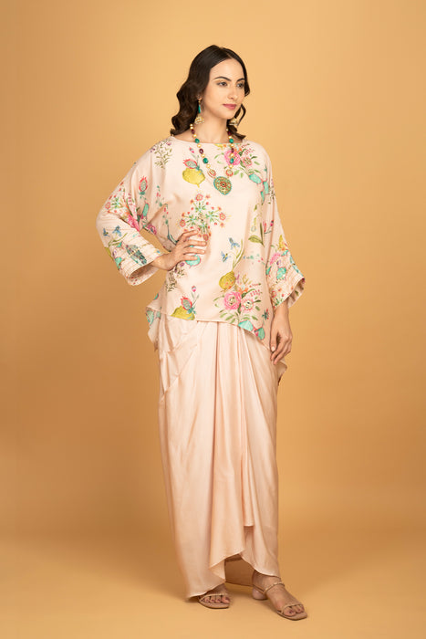 Nude Pink Printed Embroidered High Low Top W/Drape Skirt