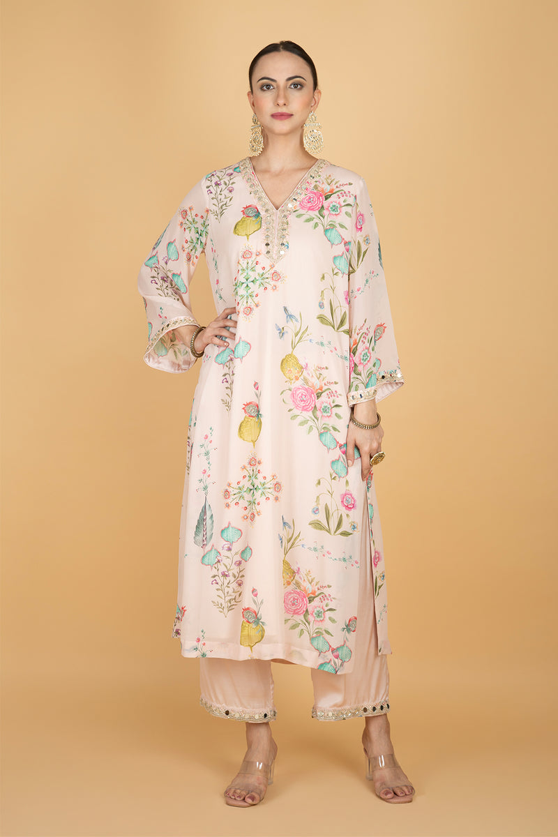 Nude Pink Floral Print Mirror Embroidered Kurta With Pants & Dupatta