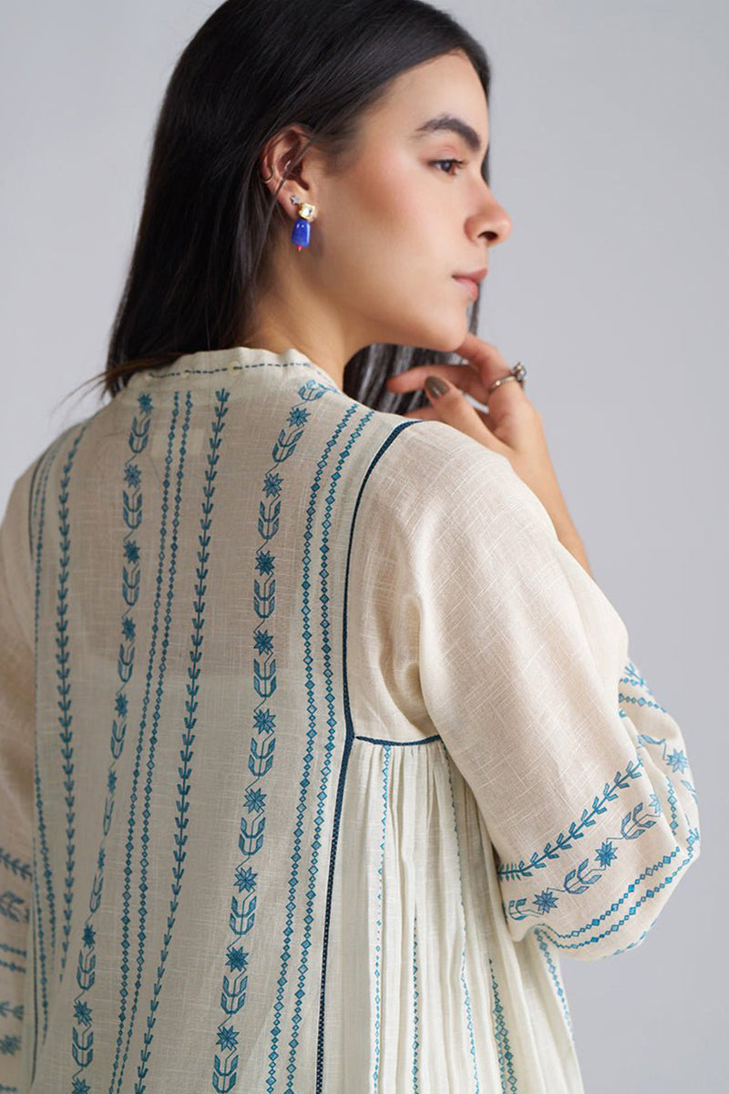 Ivory With Blue Cotton Linen Co-ord Set
