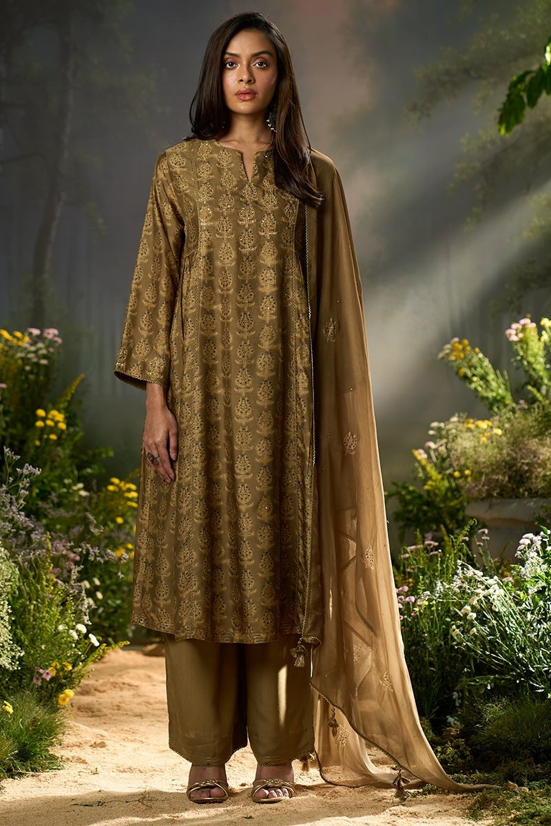 Olive Green Silk Print Festive Kurta Set