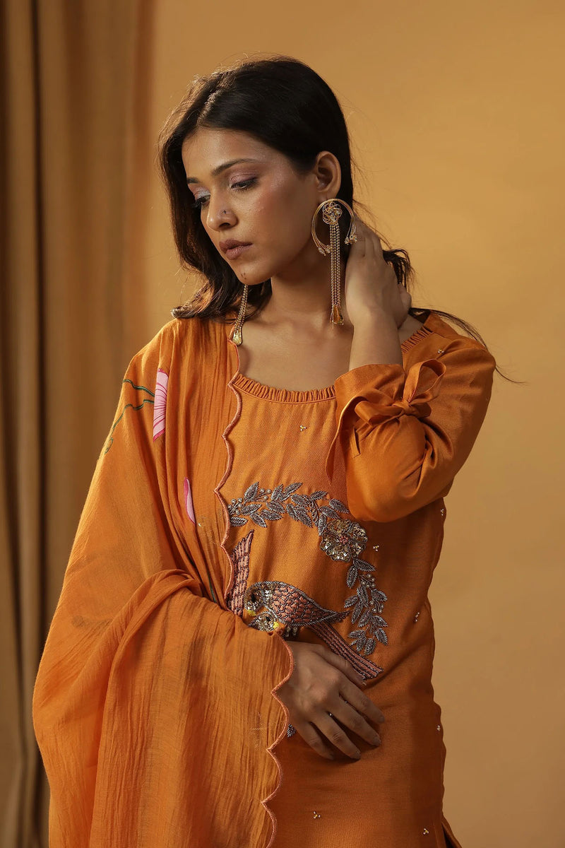 Brunt Orange Bird Embroidered Suit Set