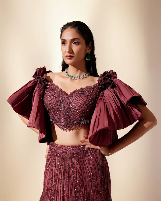 Wine Full Bloom Lehenga