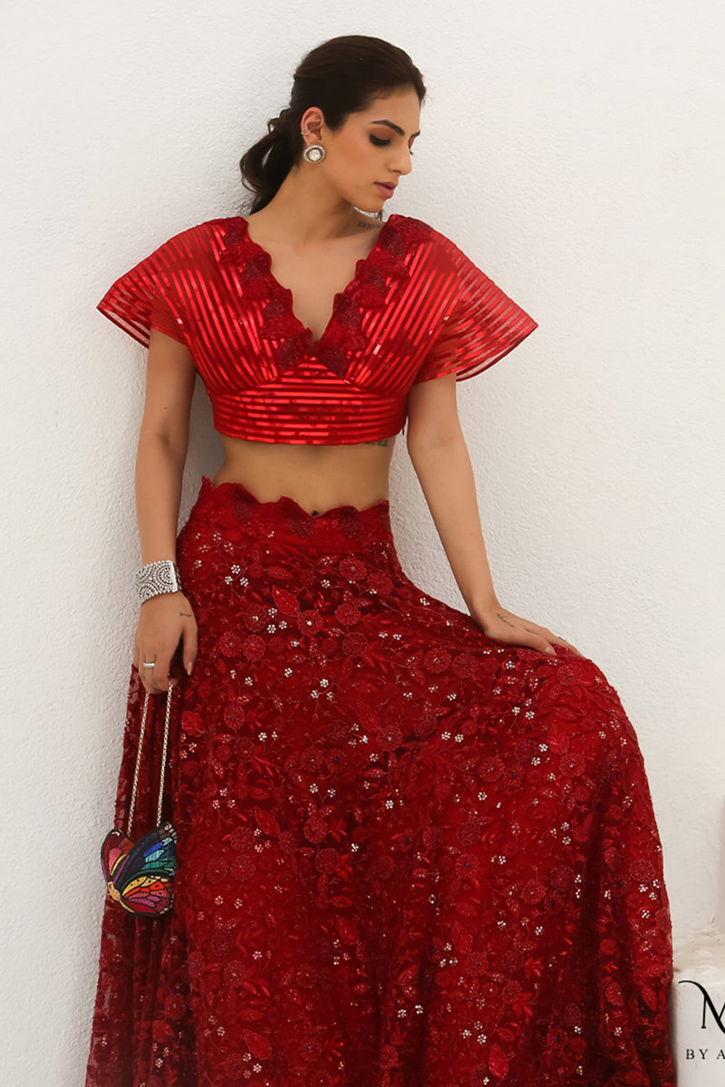 Bela -  Scarlet Red Crop Top Lehenga Set.