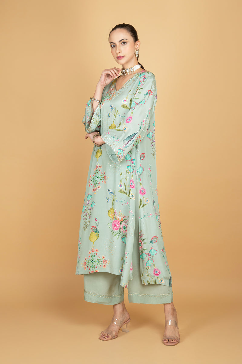 Green Floral Printed Sequin Embroidery Kurta with Pant & Dupatta Set
