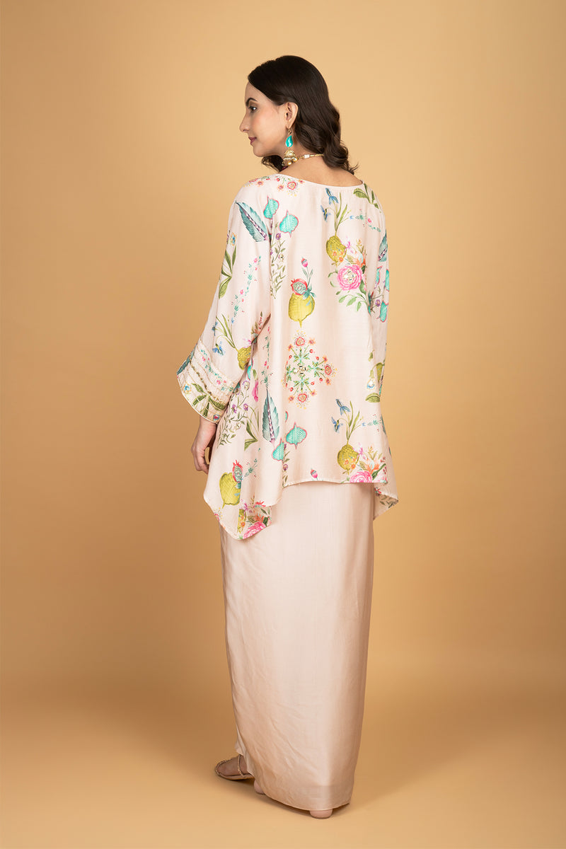 Nude Pink Printed Embroidered High Low Top W/Drape Skirt