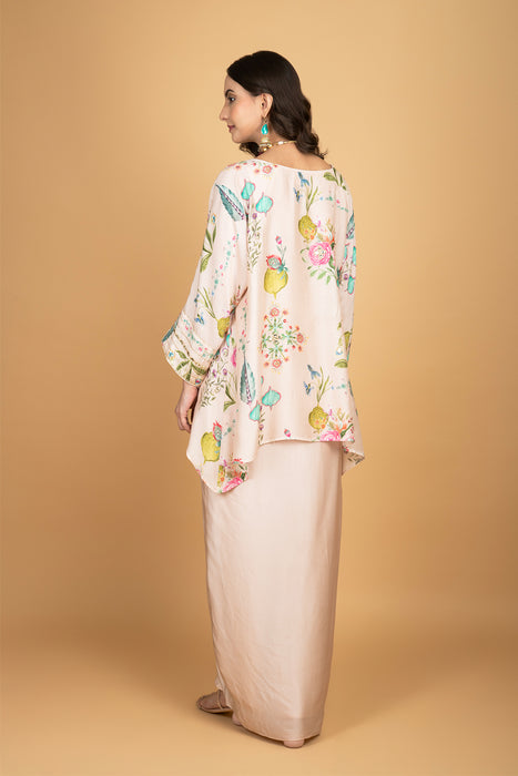 Nude Pink Printed Embroidered High Low Top W/Drape Skirt