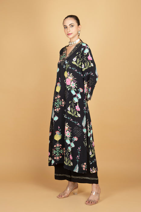 Black Floral Printed Sequin Embroidery Kurta with Pant & Dupatta Set