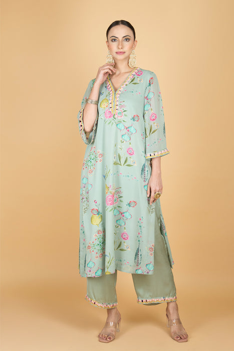 Green Floral Print Mirror Embroiderd Kurta With Pants & Dupatta
