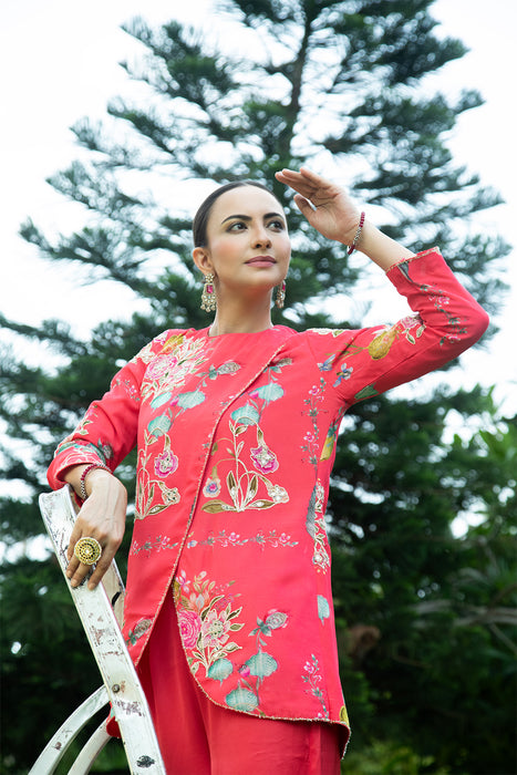 Coral Pink Floral Print Embroidered Overlay Top  W/Pants