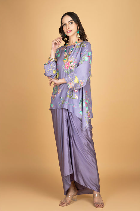 Purple Printed Embroidered High Low Top W/Drape Skirt