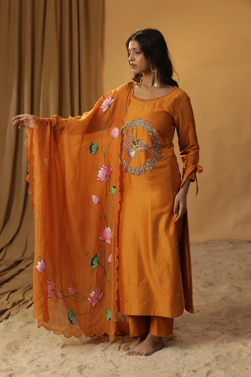 Brunt Orange Bird Embroidered Suit Set