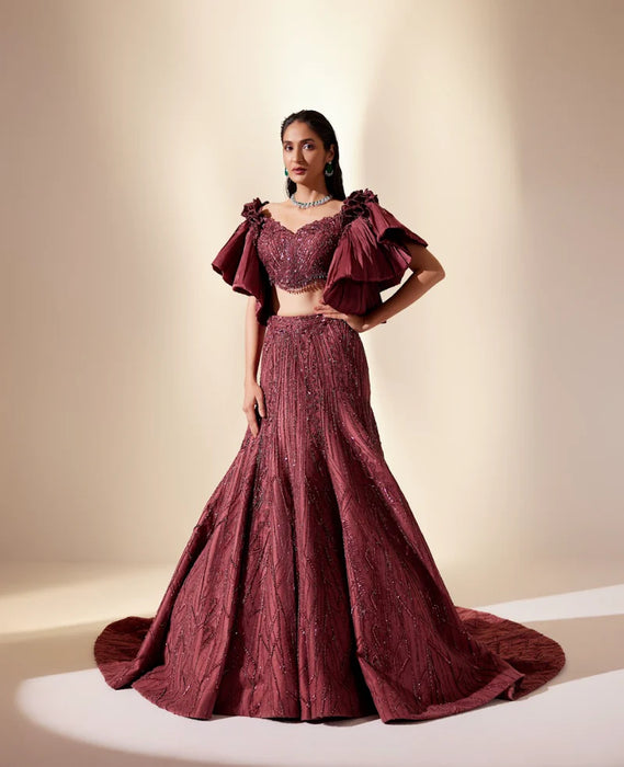 Wine Full Bloom Lehenga