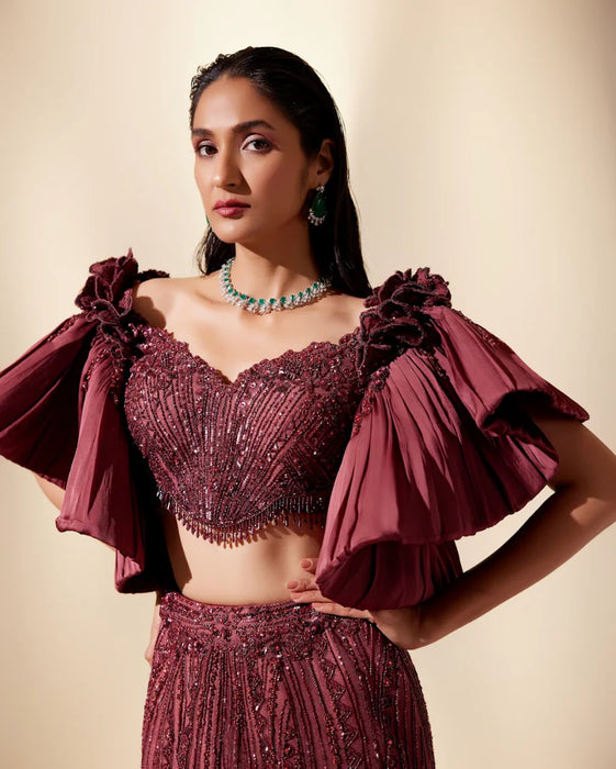 Wine Full Bloom Lehenga