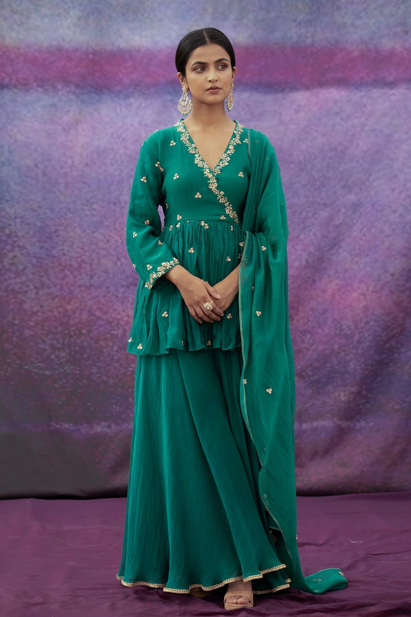 Emerald Green Short Angrakha Set