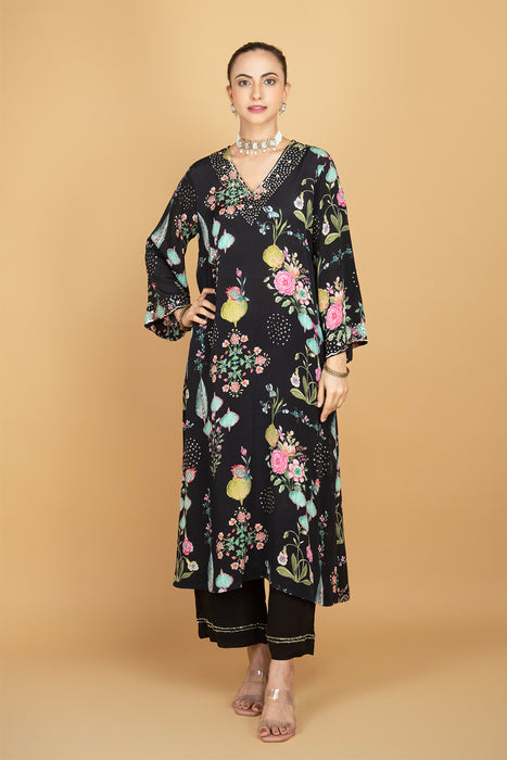 Black Floral Printed Sequin Embroidery Kurta with Pant & Dupatta Set