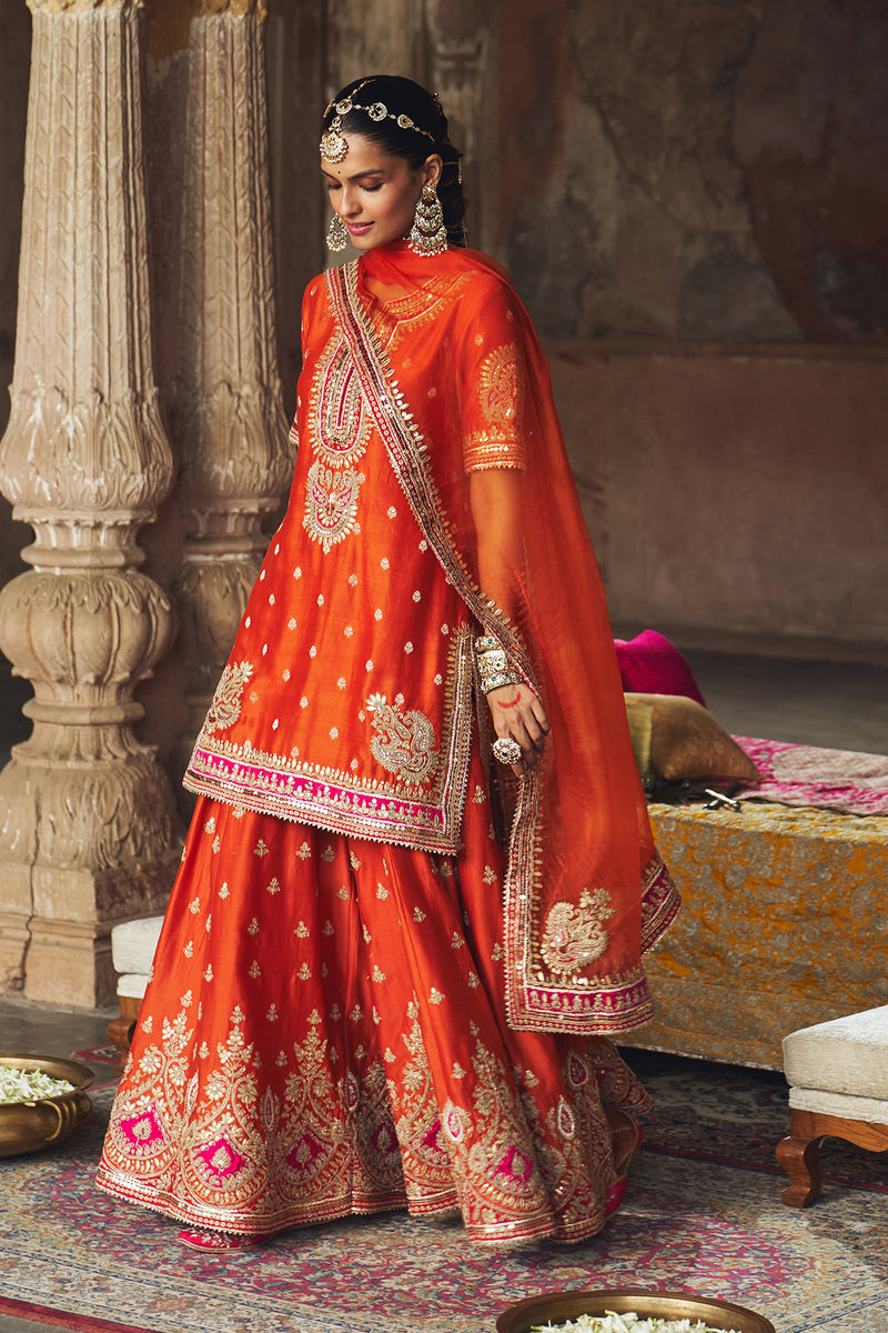 AREESHA - BURNT ORANGE SHORT KURTA WITH SHARARA AND DUPATTA