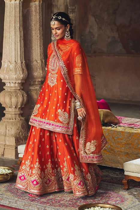 AREESHA - BURNT ORANGE SHORT KURTA WITH SHARARA AND DUPATTA