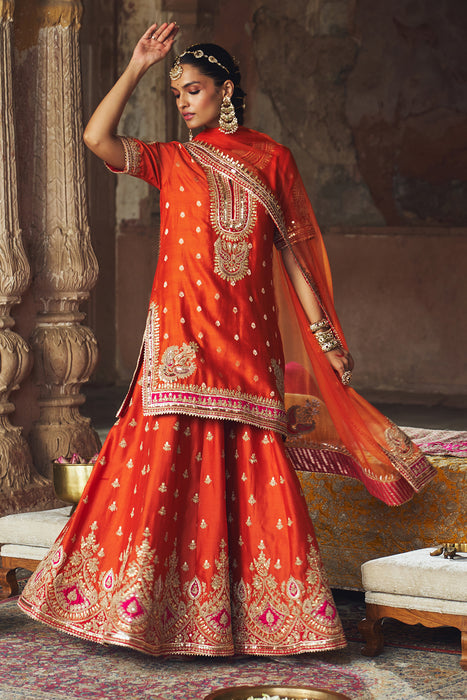 AREESHA - BURNT ORANGE SHORT KURTA WITH SHARARA AND DUPATTA