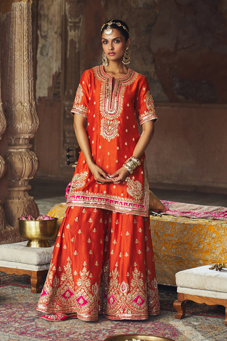 AREESHA - BURNT ORANGE SHORT KURTA WITH SHARARA AND DUPATTA